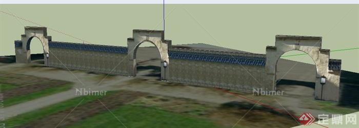 某中式风格拱门围墙SU模型