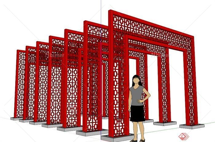 中式风格红色长廊设计su模型