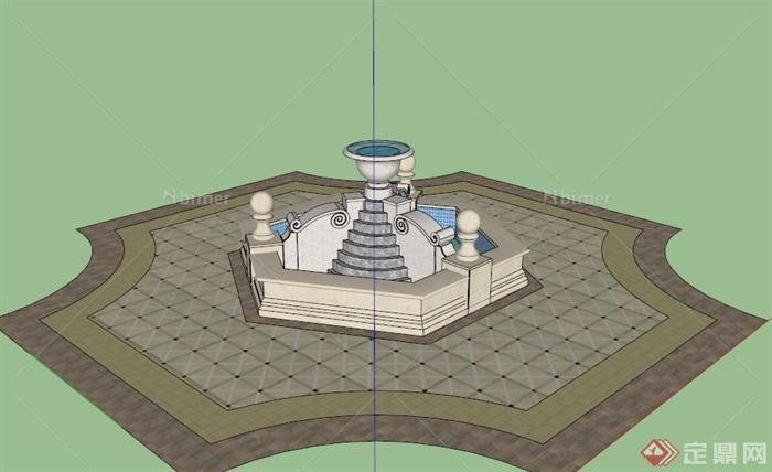 欧式六角形喷泉水池SU模型