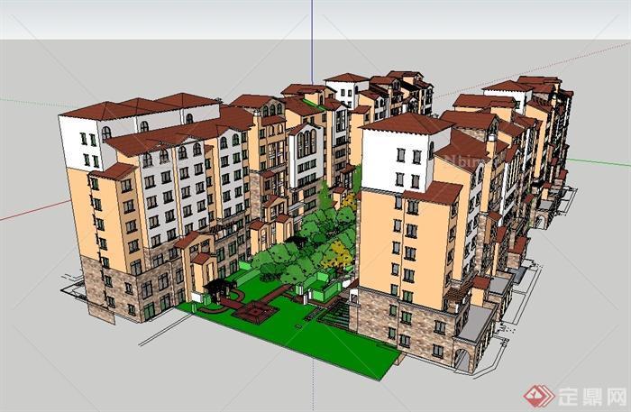 某欧式风格详细多层小区建筑楼及景观设计su模型