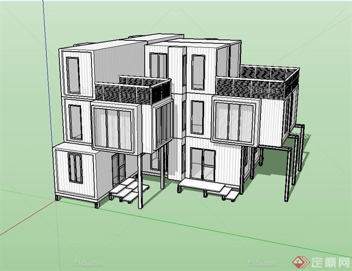 现代风格以集装箱为元素的住宅建筑SU模型[原创]