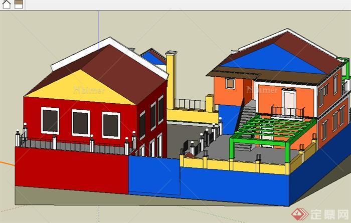 某室外多层特色别墅建筑SU模型参考