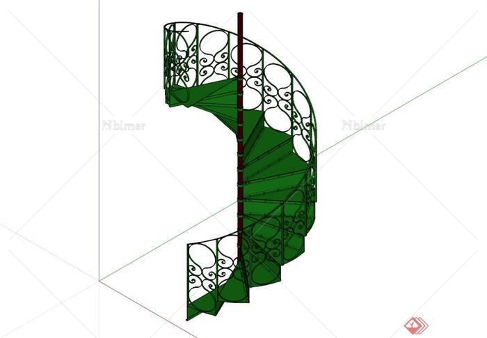 新古典风格绿色雕花栏杆楼梯SU模型