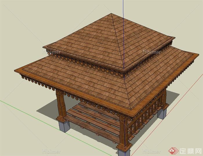 园林景观节点木质四角重檐景观亭设计SU模型