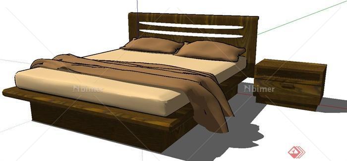 木质双人床及床头柜设计su模型[原创]