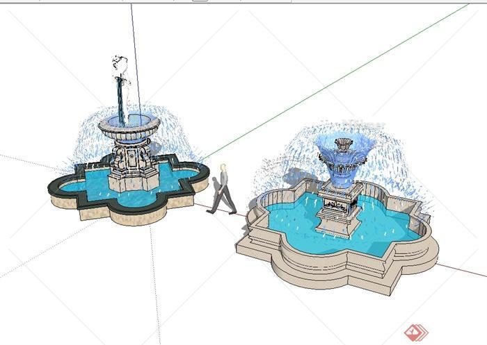 某欧式风格两种喷泉水池设计su模型[原创]