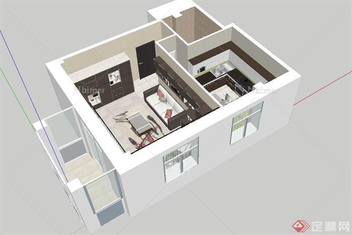 某现代风格一房一厅小户型整体空间设计SU模型[原