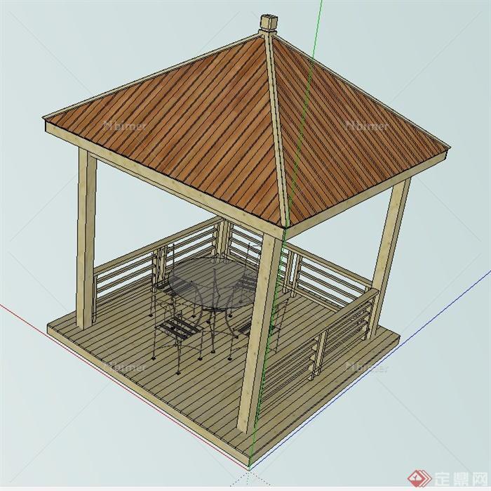 木质四角景观亭设计SU模型