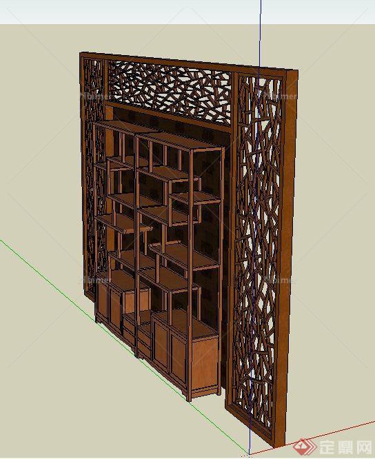 室内装饰木质置物架与镂空隔断墙设计SU模型