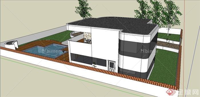 现代风格庭院住宅建筑设计SU模型