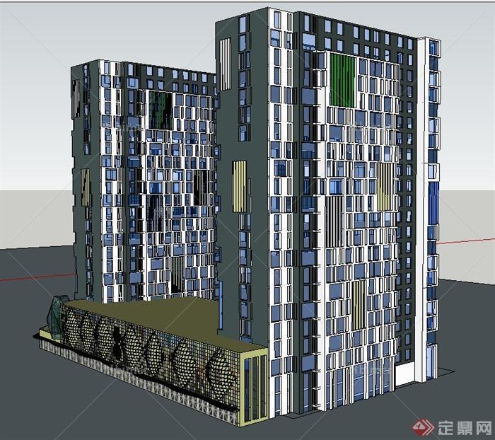 两栋连接商务酒店建筑设计SU方案模型[原创]