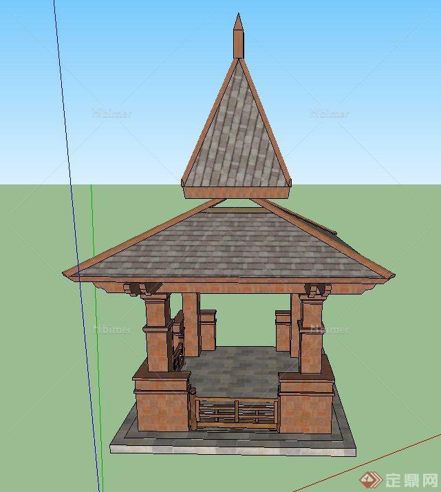 某木质东南亚风格双檐亭设计SU模型