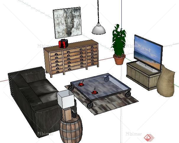 某室内空间客厅家具陈设组合SU模型