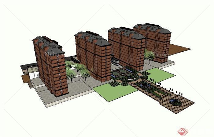 某欧式风格沿街商住小区楼建筑设计su模型[原创]