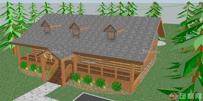 某木制森林小屋以及凉亭建筑设计SU模型