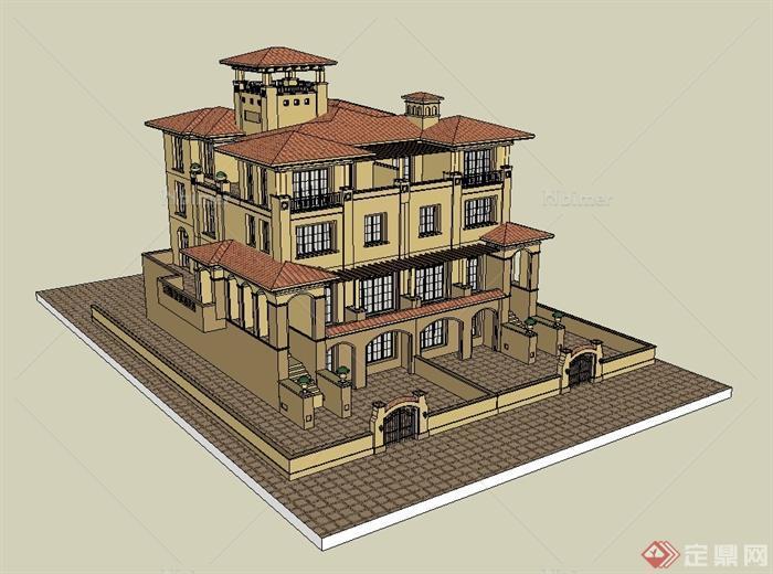 欧式西班牙双拼别墅建筑设计su模型[原创]