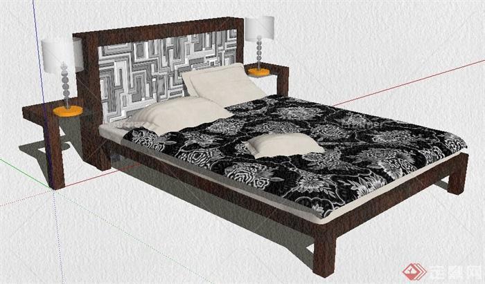 室内设计中式床及床头柜su模型