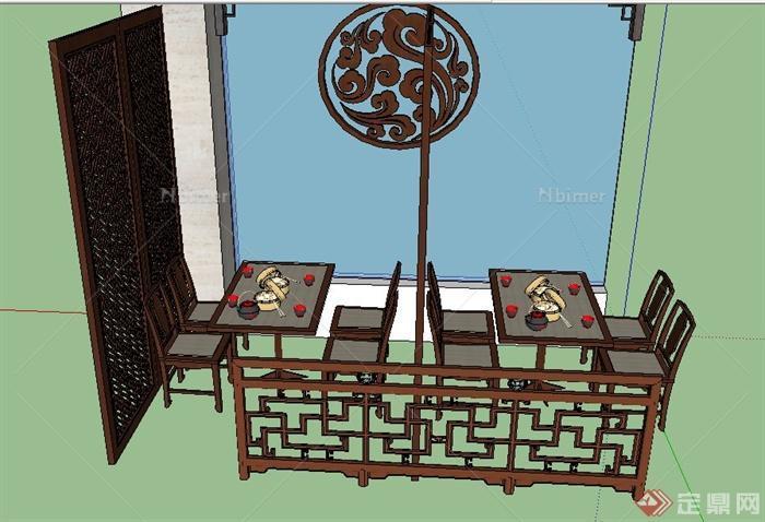 古典中式餐厅餐桌椅、屏风设计SU模型