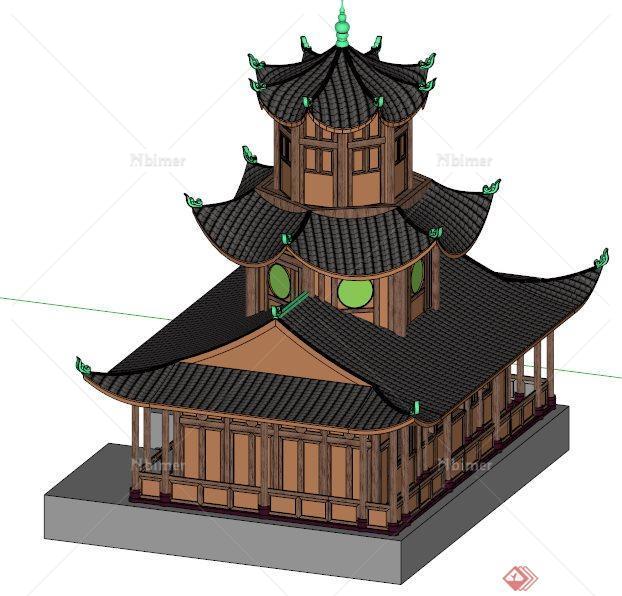 中式风格楼阁古建筑设计su模型[原创]