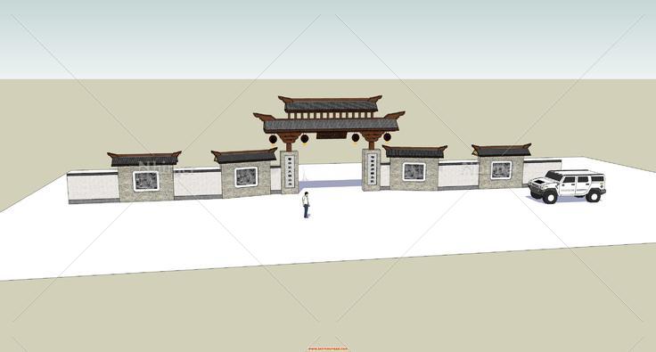 中式大门及围墙模型配送汽车模型一个。。。