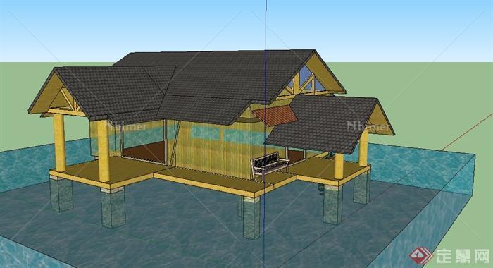 中式水中住宅小屋设计su模型[原创]