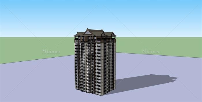 某新中式公寓住宅建筑设计SU模型[原创]