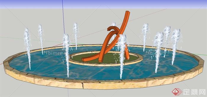 现代简约椭圆形喷泉水池su模型