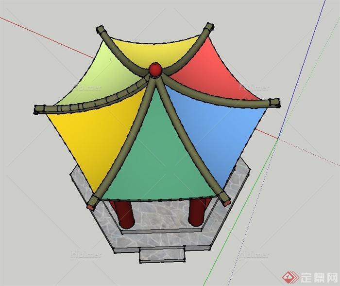 古典中式彩色六角亭设计SU模型