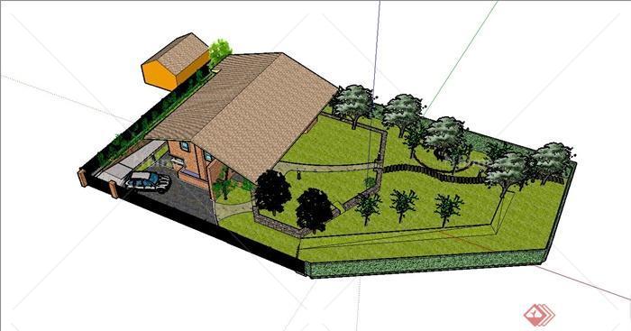 某乡村别墅建筑设计SU模型（带庭院）