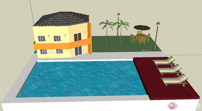 某现代别墅建筑设计SU模型（带泳池）