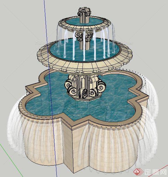 园林景观跌水喷泉水景su模型