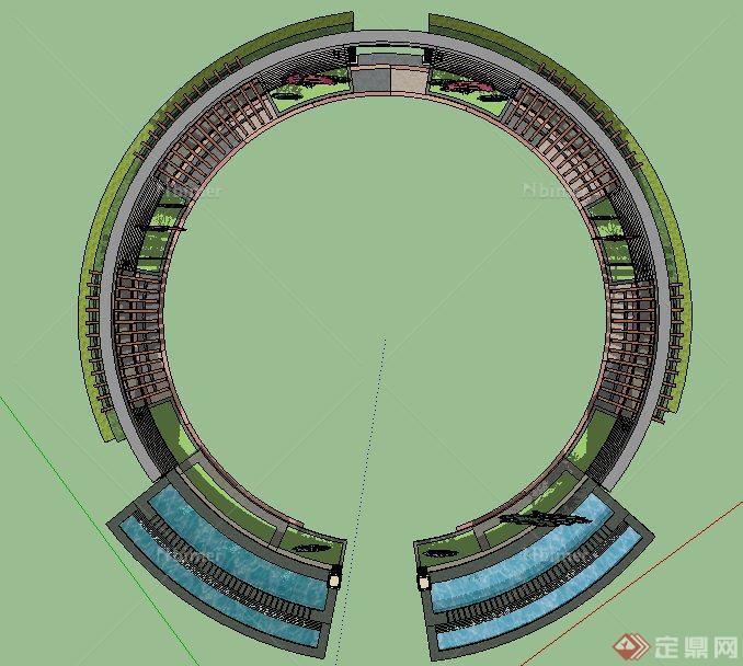 现代风格圆形景墙及景观水池su模型