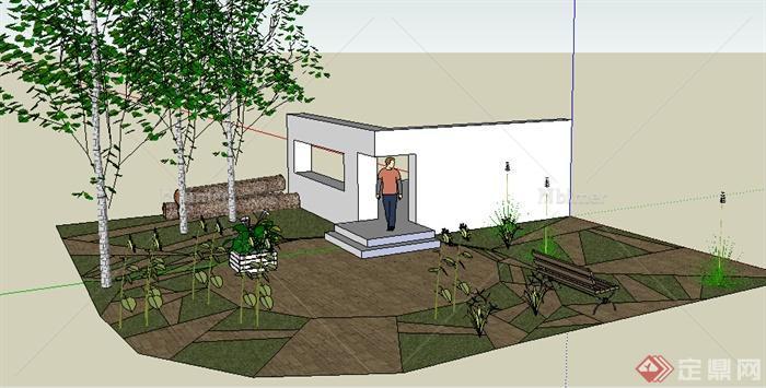 某室外后院庭院花园设计SU模型素材