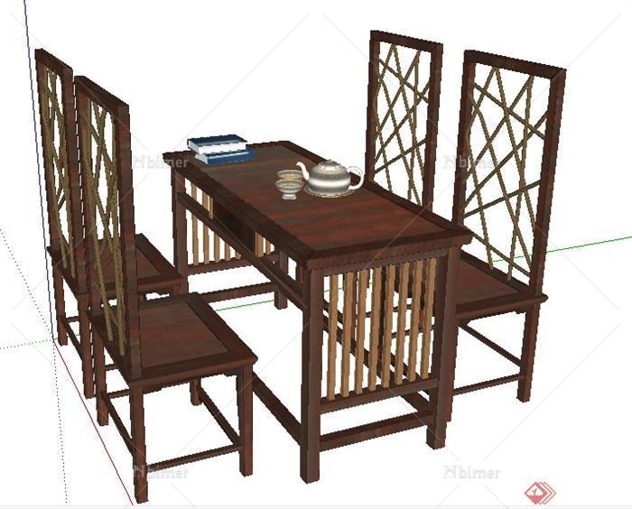 现代中式木制长餐桌椅su模型