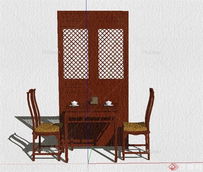 中式古典屏风 桌椅组合套装SU模型[原创]