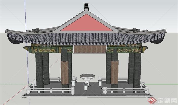 古典中式长方形观水亭子设计SU模型