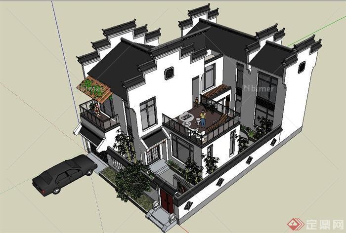 两层新中式徽派别墅建筑设计SU模型