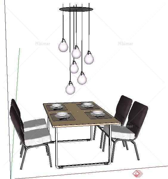 现代简约四人座餐桌椅及吊灯su模型