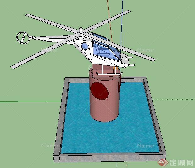 直升机雕塑景观水池su模型[原创]