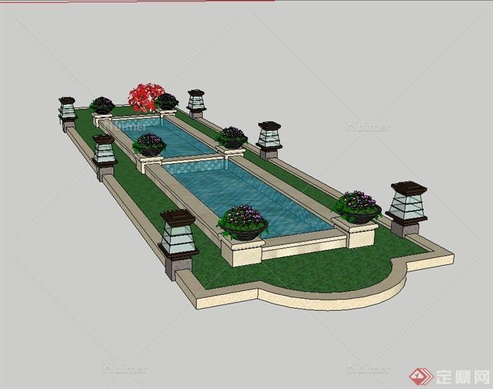 某现代风格小区入口中庭水池设计su模型[原创]