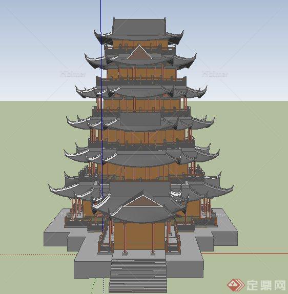 古典中式六层寺庙建筑设计SU模型