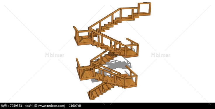 实木多层楼梯SU模型