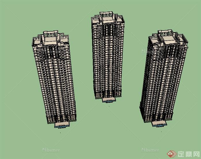 新古典风格三栋高层住宅楼建筑设计su模型[原创]