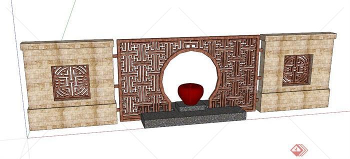 两堵中式景墙设计SU模型