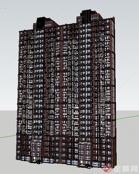 某现代风格高层双拼公寓住宅楼建筑设计su模型[原