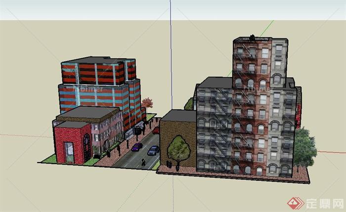 某三岔路口街道综合建筑设计SU模型