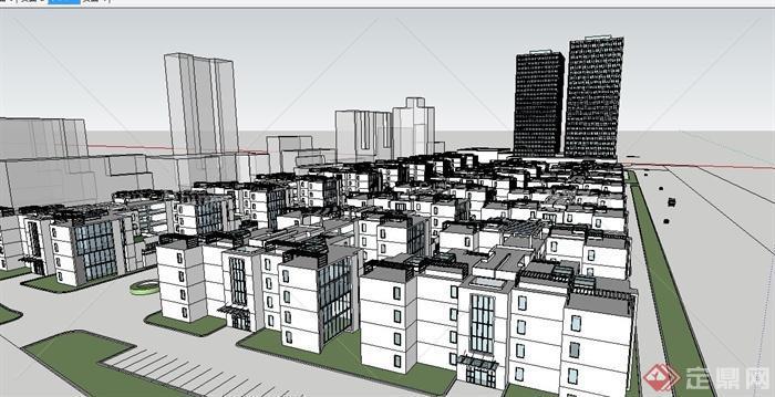 现代风格别墅住宅区及综合体建筑设计su模型[原创