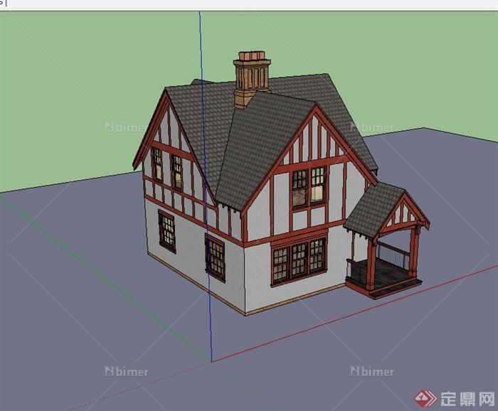 某英式风格独栋详细精致别墅建筑楼设计su模型[原