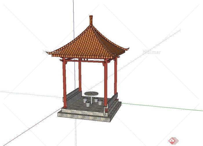 古典中式四角亭子设计su模型（含石桌凳）