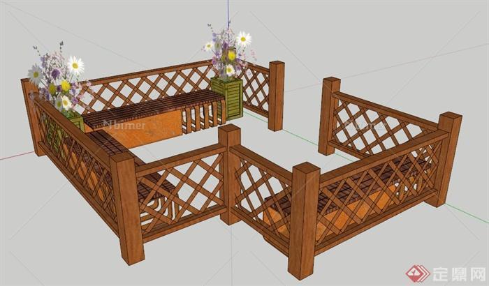 现代中式木制围栏及坐凳su模型